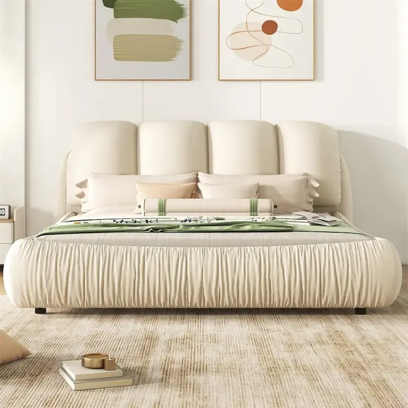 Upholstered King Bed with Pleated Padded Headboard – Velvet & Leather, Sleeps 2
