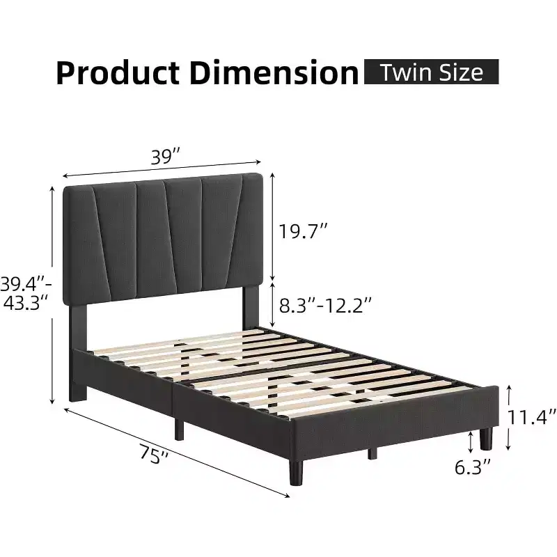 Twin Size Bed Frame with Adjustable Headboard, Linen Upholstered Bedframe with Strong Wooden Slats, Mattress Foundation, Dark Grey