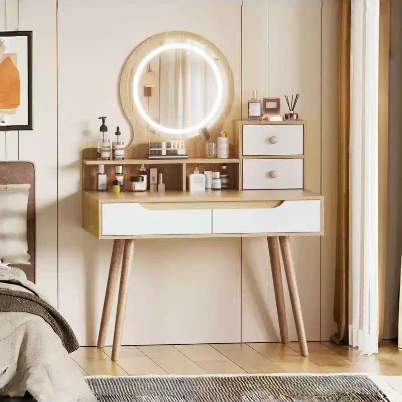 Okak Modern Makeup Vanity with Solid Wood Legs, Vanity Desk with 4 Drawers and 3 Open Shelves, Makeup Desk with Mirror for Small Space, White+Oak