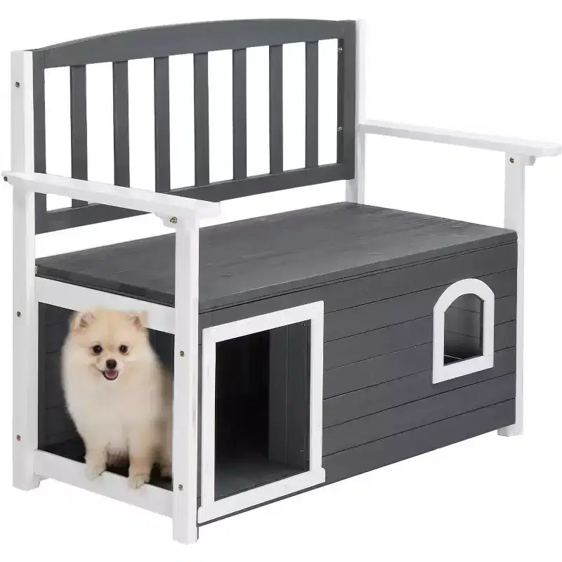 VINGLI Outdoor Storage Bench with Built-in Dog House, 2-in-1 Outdoor Waterproof Patio Bench with Pet Kennel