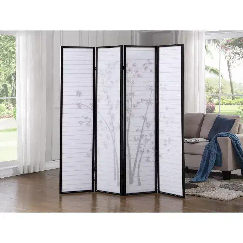 Bamboo Print 4-Panel Framed Room Divider, Black