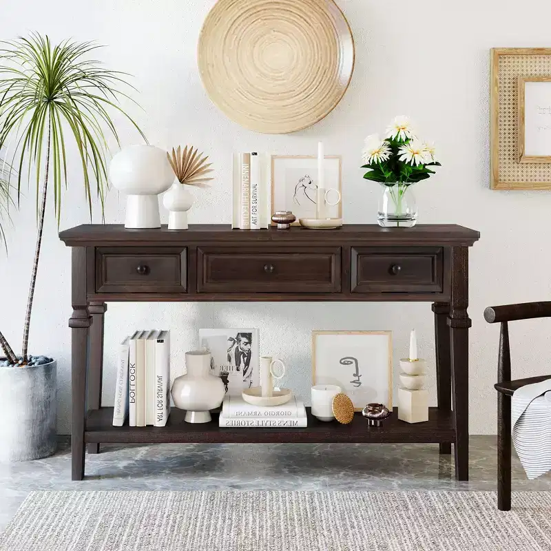 Whisen Classic Retro Style Console Table with 3-Top Drawers and Open Shelf