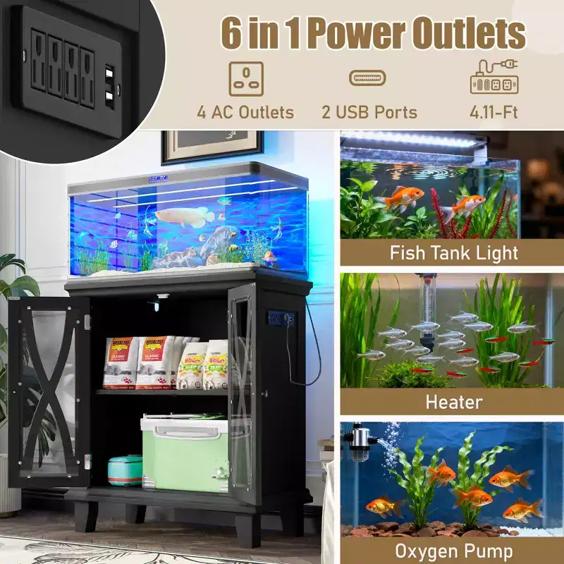 Farmhouse Wood Aquarium Stand with Power Outlets and Adjustable Shelves