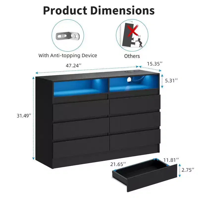 6 Drawer Dresser with Charging Station and LED Lights, Modern Chest of Drawers with Power Outlet