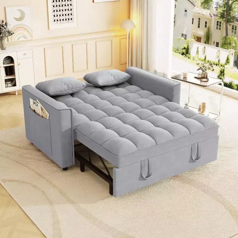 Velvet Sleeper Sofa with Pull-Out Bed, Side Pockets & Pillows for Small Spaces, Light Gray