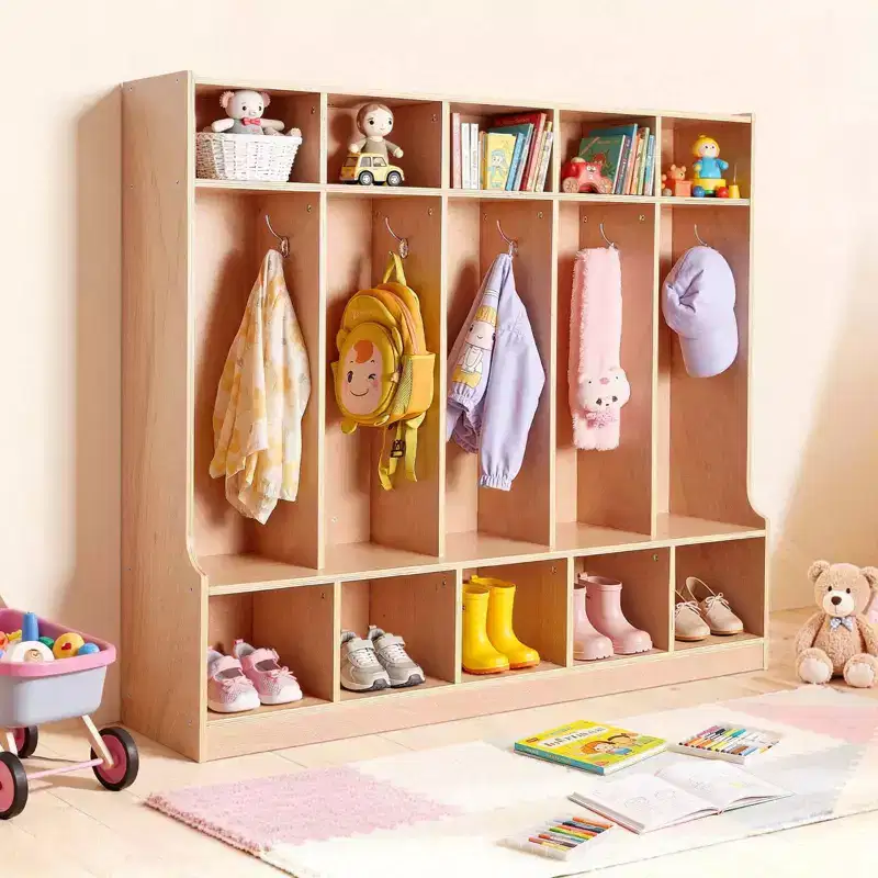 5 Section Kids Coat Locker Wooden Toddler Cubby Storage Organizer with 10 Hooks Non Slip Mat Modern Kid Coat Cubbies