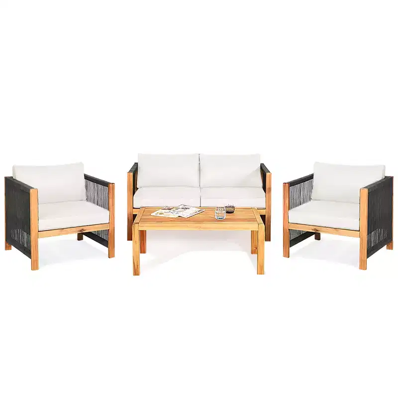 Costway 4PCS Wooden Patio Furniture Set Cushioned Sofa W/Rope Armrest White\Turquoise\Red