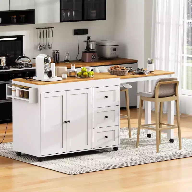 MAYEERTY Ktichen Island with Dining Table 3 Drawers Power Outlet Rolling Kitchen Island on Wheels with Spice Rack and 2 Door Cabinet for Kitchen White