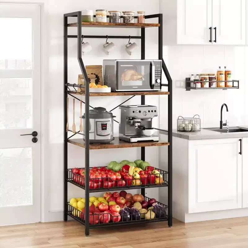 5-Tier Industrial Kitchen Bakers Rack with 2 Wire Baskets and 8 Hooks, Space-Saving Freestanding Microwave Stand and Coffee Bar Station