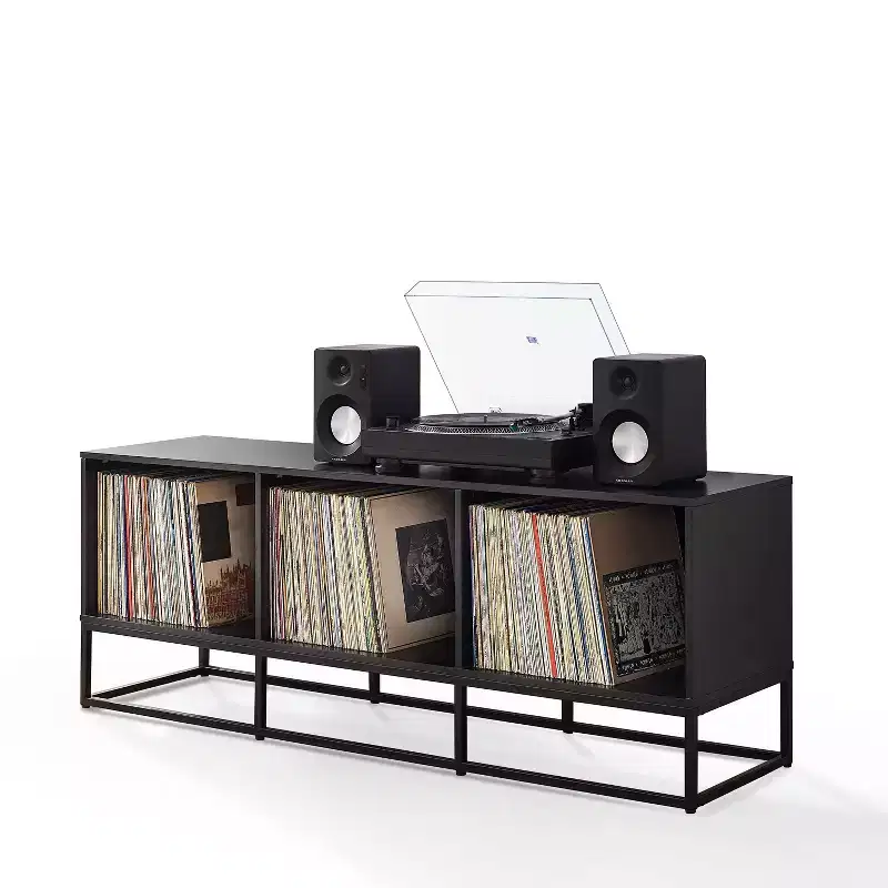 60" Large Record Storage Media Console Black: Modern Industrial Style, Melamine Veneer, Steel Legs