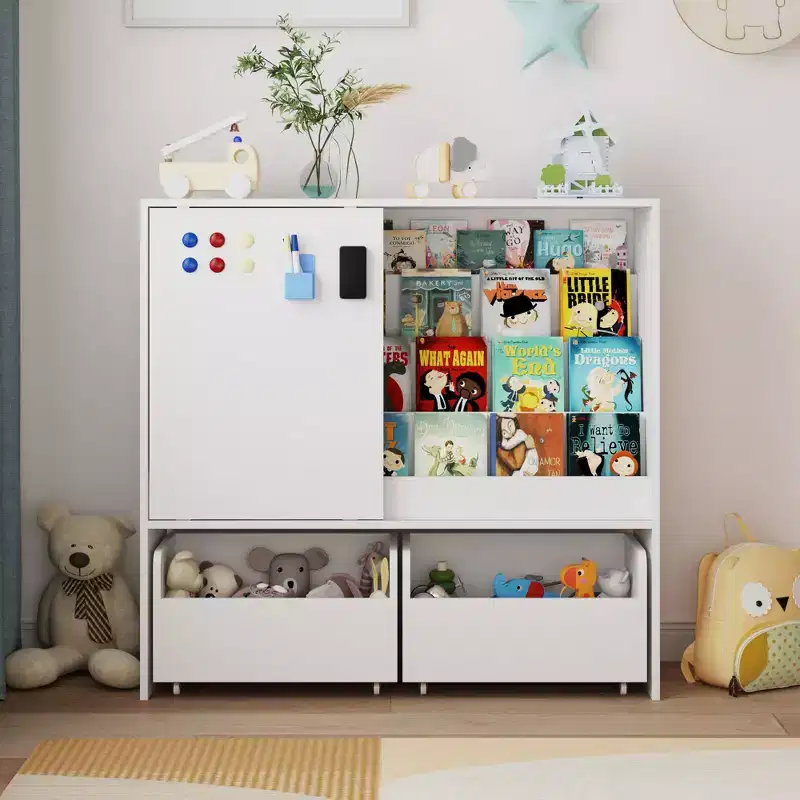 Famapy White Kids Storage Bookshelf Toy Storage Cabinet Sliding Door + Rolling Bins + Multi-Tier Shelves