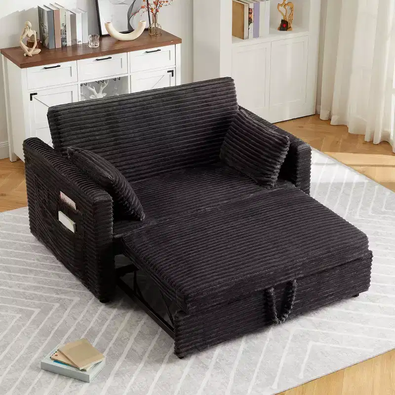 55 Convertible Loveseat Sleeper Sofa Bed with Pull-Out Footrest & Adjustable Backrest, Space-Saving Couch for Small Apartments
