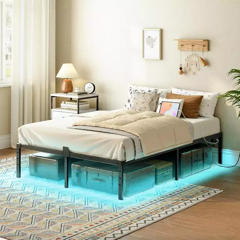 Black Metal Platform Bed with LED Lights & Charging Station – Full/Queen