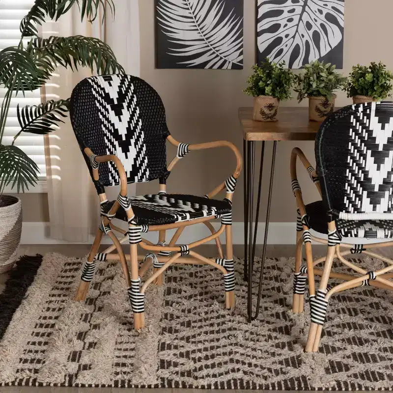 bali & pari Wallis Modern French Two-Tone Black and White Weaving and Natural Rattan Indoor Dining Chair