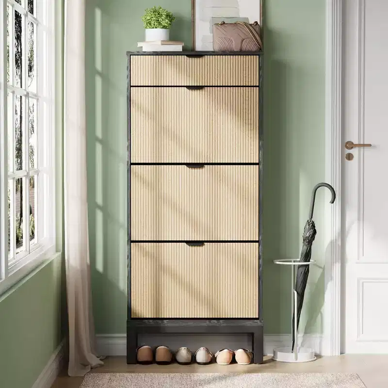 Fluted Shoe Cabinet with 3 Flip Drawers and 1 Drawer, Wood Freestanding Hidden Shoe Organizer with Adjustable Shelves