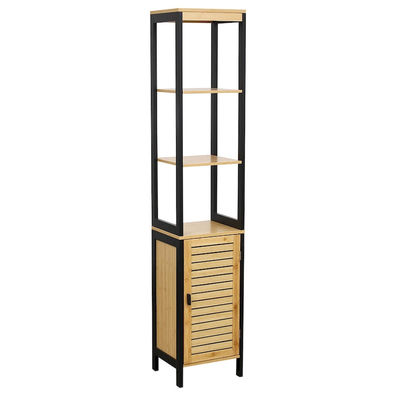 Natural Slim Storage Cabinet with Shelves, Modern Black Frame - 13.4L x 12W x 68H