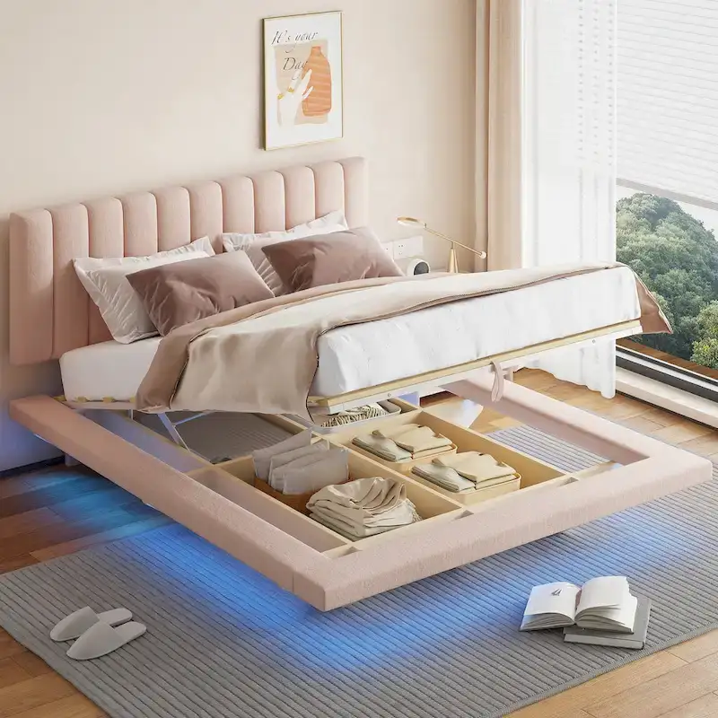 Pink/Gray/Beige Queen Upholstered Platform Bed, 2-Person, LED & USB