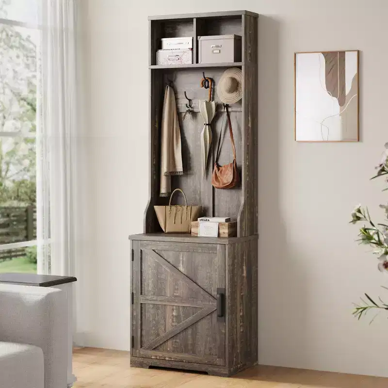 Garvee Farmhouse 3-in-1 Hall Tree w/ Shoe Storage Bench & 6 Hooks, Mudroom Bench with storage and hooks, Standing Coat Rack for Entryway Bedroom