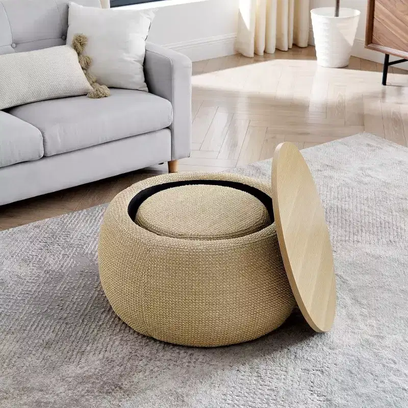 Round Storage Ottoman, 2-in-1 End Table & Footstool with Removable Top, 25 Diameter, No Assembly Required, Ottoman for Living Room, Entryway