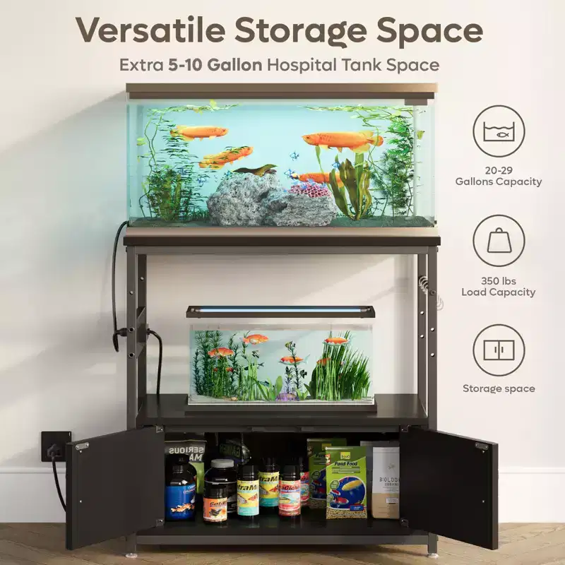 Bestier Gallon Aquarium Stand with Power Outlet, Black Fish Tank Rack with Cabinets ,Rectangle Aquarium Stand with Adjustable Foot and 4 Hooks
