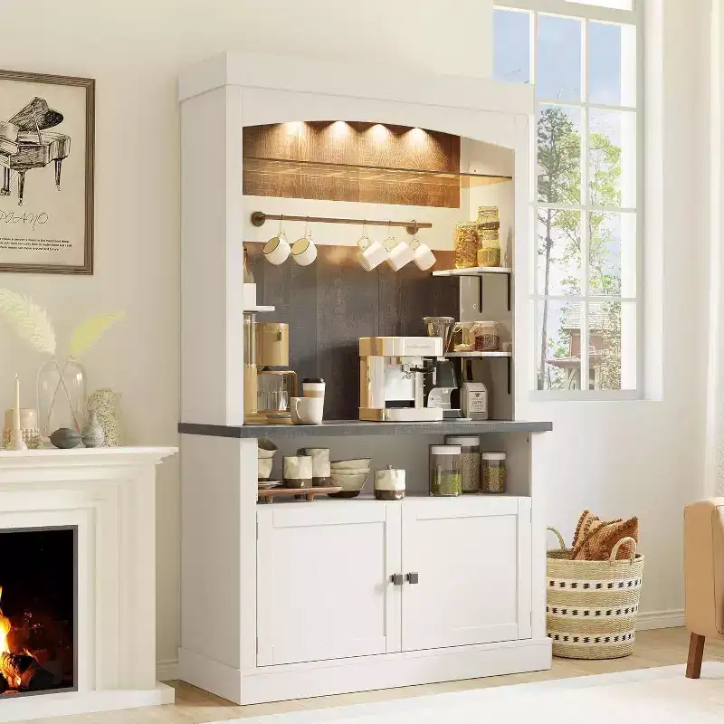 Acekool Coffee Bar Cabinet, Tall Farmhouse Buffet with Glass Shelf, Storage Hutch, Wine Rack, Adjustable Lighting, Antique White & Oak, 72x42