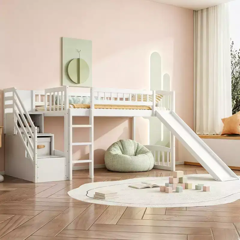 Luxystar Twin Size Loft Bed With Slide and Storage Stairs for Kids' Room