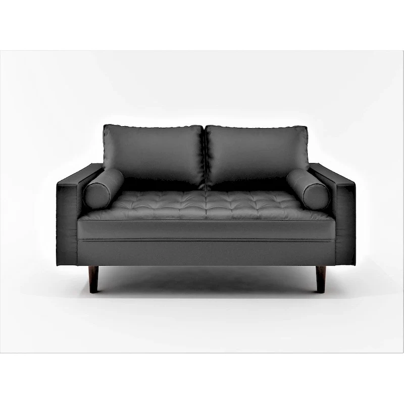 Faux Leather Mid-Century Modern Loveseat – Black / White / Brown, Button Tufted, Seats 2