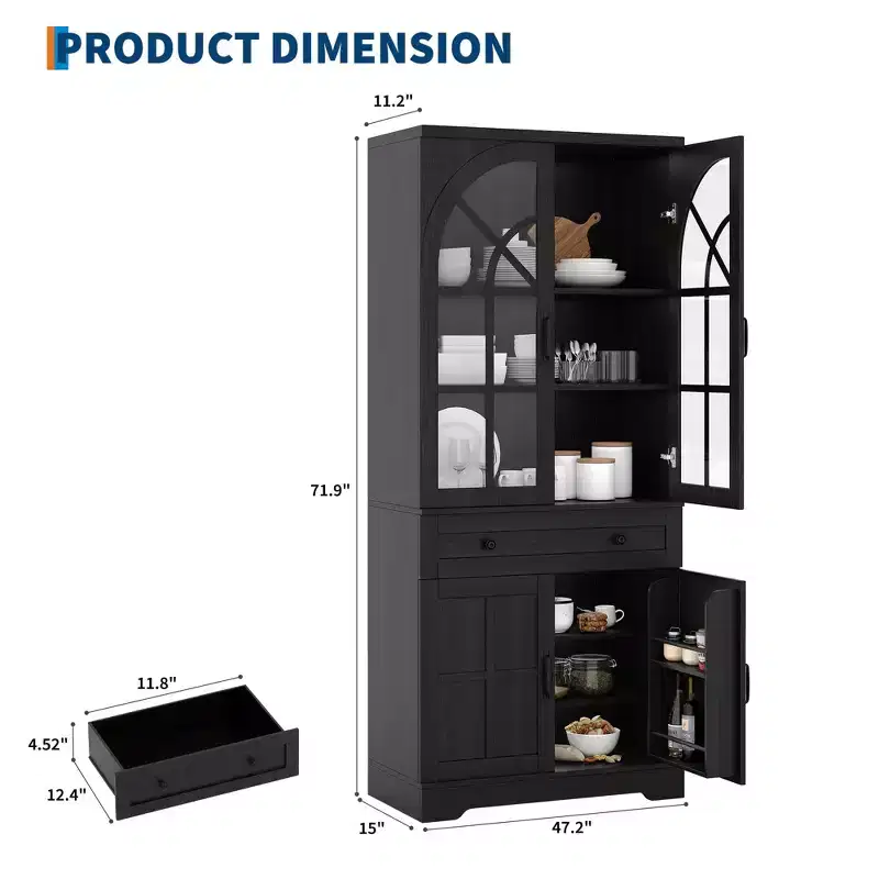 Farmhouse Pantry Cabinet, 71.9 Tall Freestanding Kitchen Cabinet with Tempered Glass Doors& Anti-Tip Design for Kitchen, Dining Room & Living Room