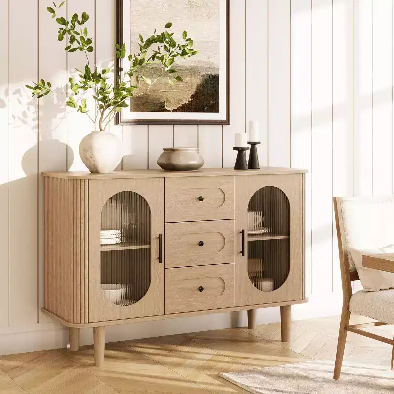 47 Sideboard Buffet Cabinet with 2 Fluted Glass Doors & 3 Drawers, Modern Farmhouse Accent Coffee Bar with Adjustable Shelves