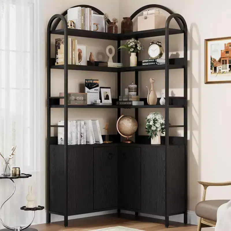 6-Tier Corner Bookshelf, Corner Bookcase with Storage, Rustic l Shaped Bookshelves with Cabinet, for Living Room, Home Office, Retro