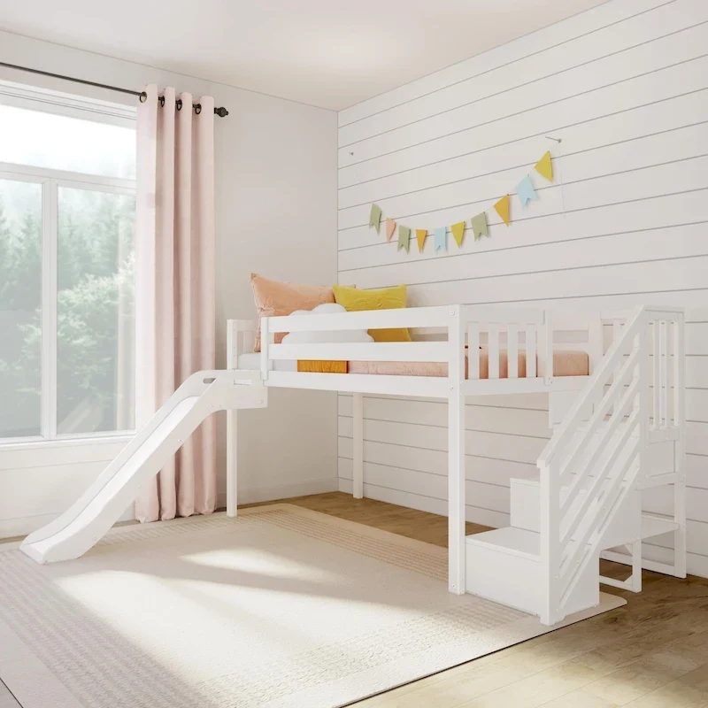 Max and Lily Classic Twin Low Loft with Stairs, Easy Slide and Curtain