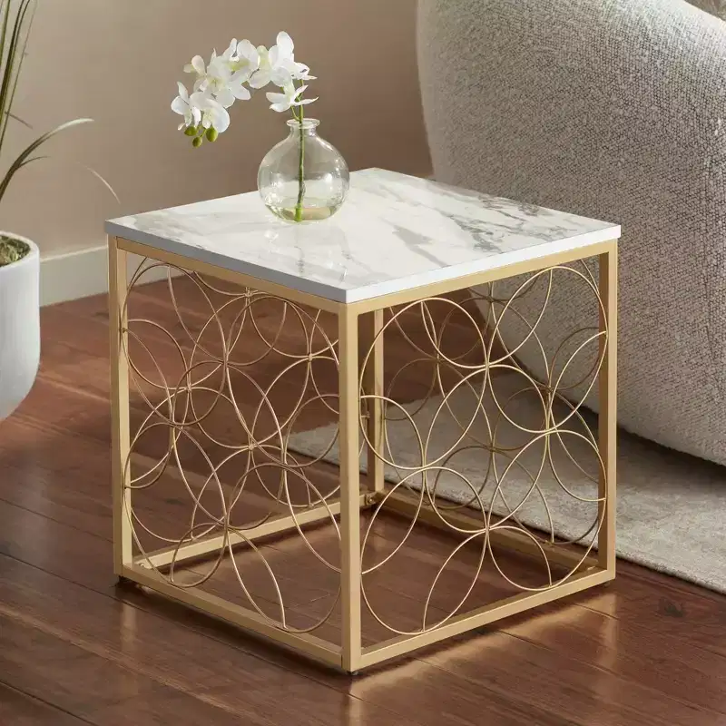 Studio 55D Karin Modern Glam Square Accent Side End Table 17 Wide Gold White Faux Marble Tabletop for Living Room Bedroom Bedside