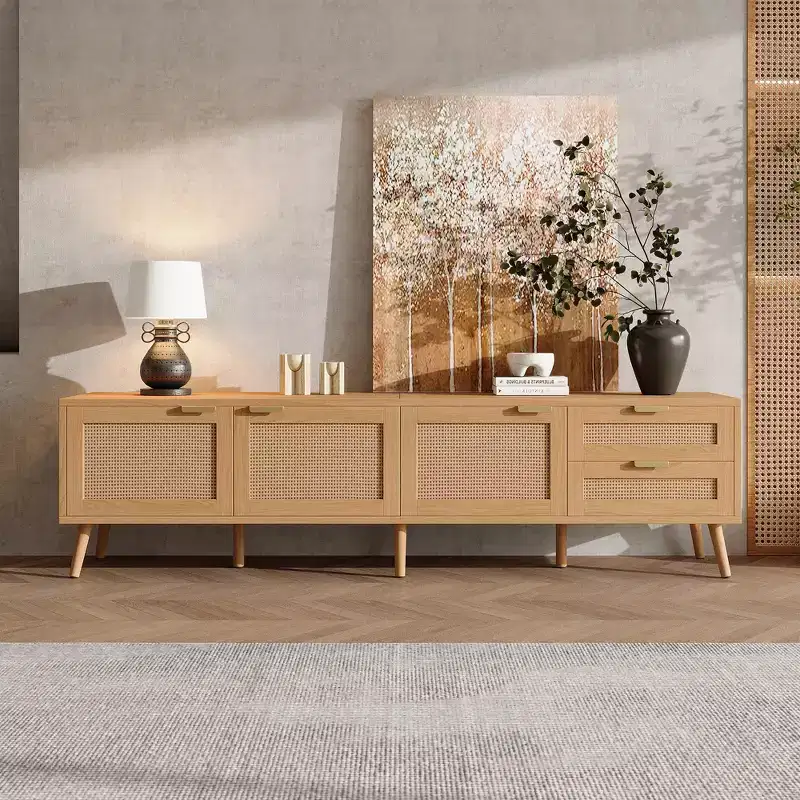 TV Stand 70-Inch, Modern Media Console with Rattan Doors, Fits TVs up to 80, Storage, 2 Drawers, Cable Holes, Living Room Entertainment Center