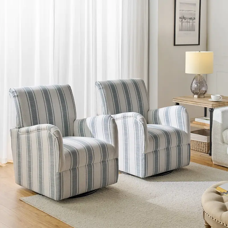 Traditional Swivel Armchair with Jacobean Strip Pattern Set of 2