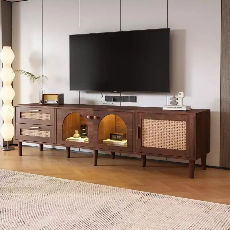 Rattan TV Stand with LED Light for 80 inch TV, Wood TV Storage Cabinet with Glass Doors and 2 Drawer, Media Console with Solid Wood Legs, Dark Brown