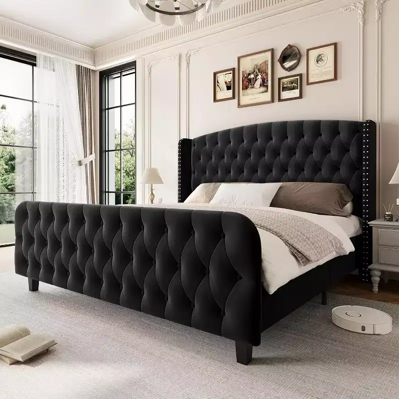 Acekool 51 Cream Velvet Queen Bed Frame - Wingback Headboard, Deep Button Tufting, No Box Spring Needed, Easy Assembly
