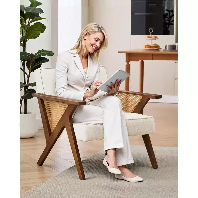 Modern Linen Accent Chair, Upholstered Reading Armchair With Backrest, Single Sofa Chair, Sofa Side Chair with Wood Leg for Living Room Bedroom