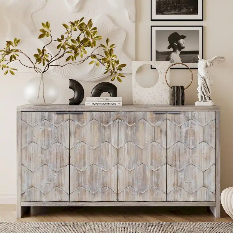 Accent Cabinet Farmhouse Style 4 Door Wooden Cabinet Sideboard Buffet Server Cabinet Storage Cabinet, for Living Room