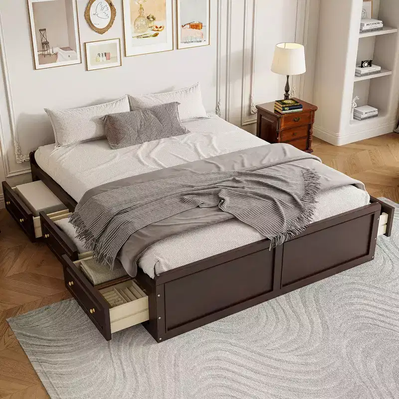 FAMYYT Queen Size Wood Platform Bed with 6 Drawers, No Box Spring Required, Easy Assembly, Espresso