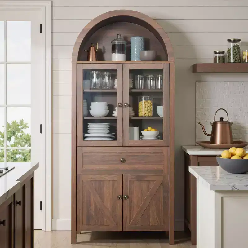 Dome Kitchen Pantry Cabinet, Tall Cabinet with Drawer & 4 Doors, Versatile Cupboard for Living Room Dining Room