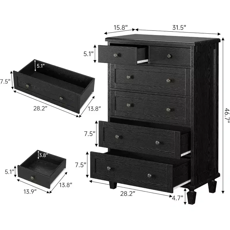 Wood 6-Drawer Dresser with Tapered Legs — Distressed Finish