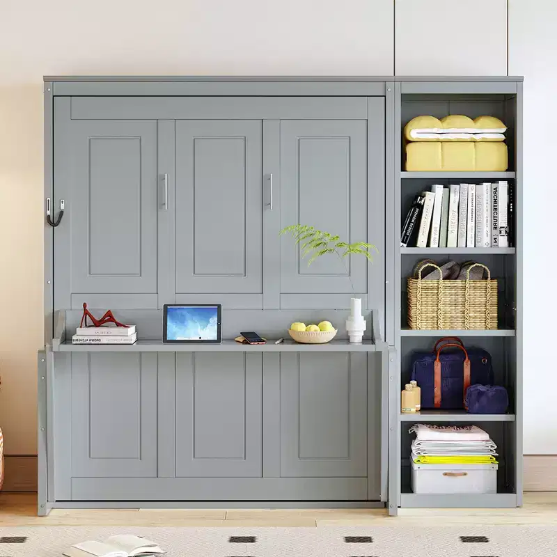 Full/Queen Size Murphy Bed with Bookshelf, Wooden Cabinet Bed Wall Bed with Desk, Folding Wall Chest Bed for Guest Room Office