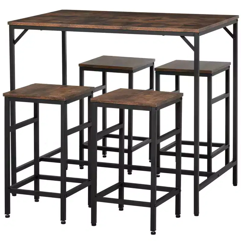 5-Piece Industrial Dining Table Set, Bar Table & 4 Stools Set, Space Saving for Pub & Kitchen/Black