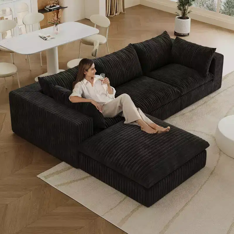 118.2 Blue Cloud Sofa with Ottoman, Corduroy Fabric Deep Seat Couches Double-layer design,Removable Cushion No Assembly
