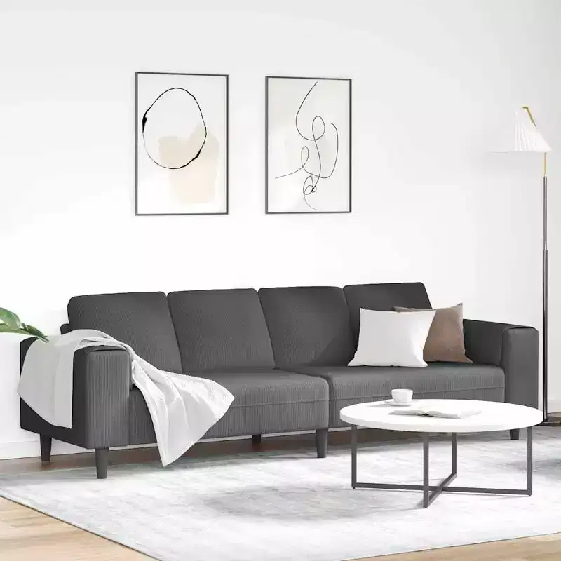 Dark Gray Corduroy Fabric Sofa with Cushions – Seats 4, No Ottoman