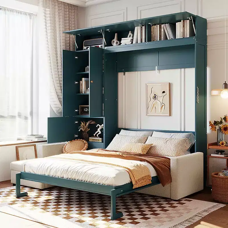 Queen Murphy Wall Bed with Beige Sofa and Shelves, Green Panel