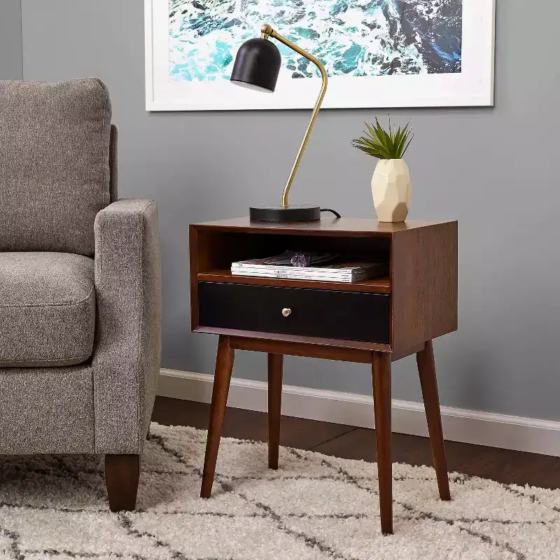 Calvin Side Table Brown - Adore Decor: Modern Mid-Century Design, Storage Drawer, Silver Pulls