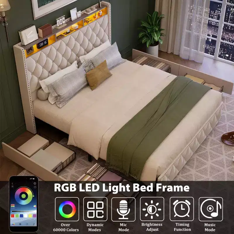 GustoWave Velvet Upholstered Bed Frame with 50.8 Tall Headboard, USB Charging Station, Led Lights