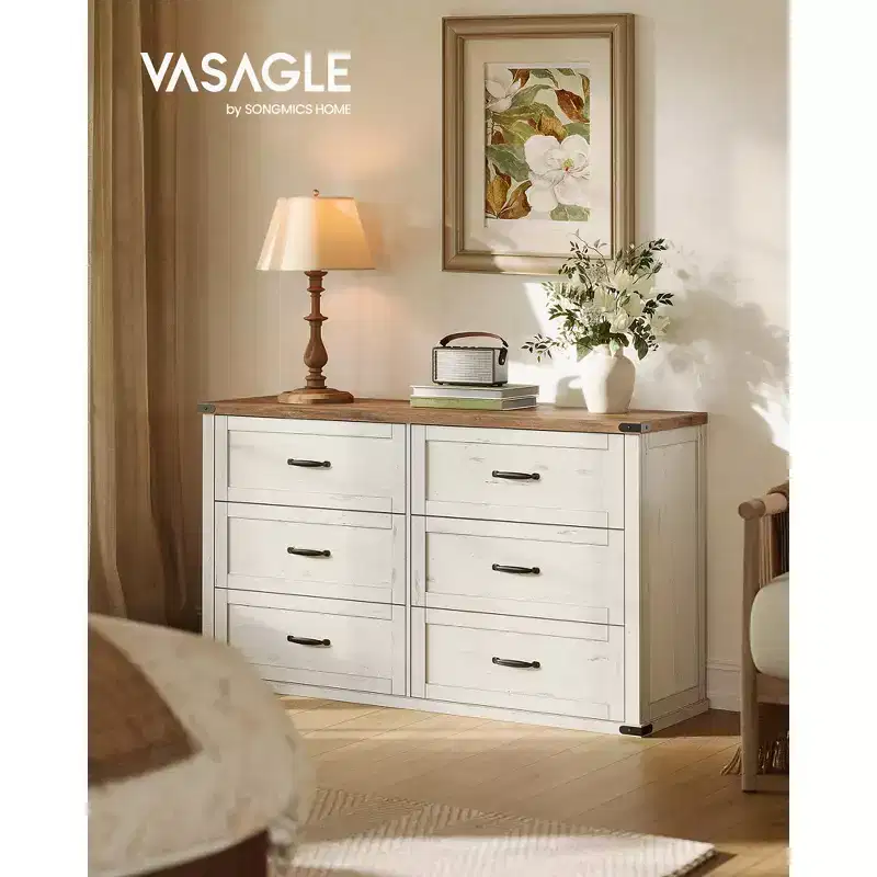 VASAGLE LIRY Collection - 6-Drawer Dresser,54-Inch Wide Modern Farmhouse Chest of Drawers with Metal Handles,TV Stand,Anti-Tipping