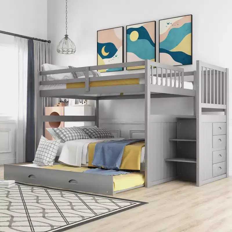 Full over Full Bunk Bed with Stairs and Storage Wood Bunk Bed frame with Trundle and Drawers, Gray